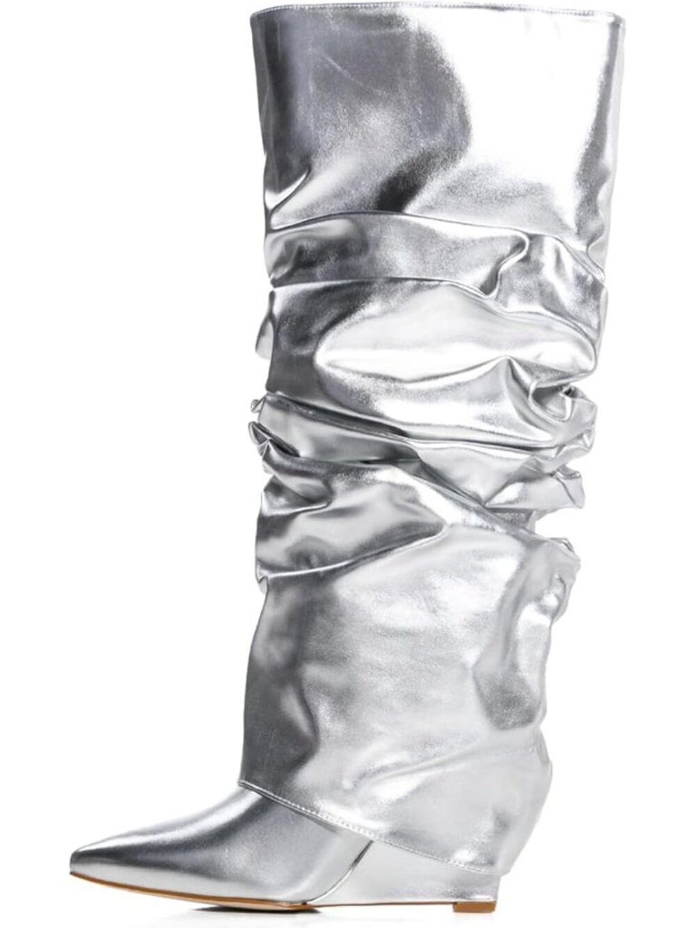 Women's Silver Covered Wedge Heel Patent Wide Calf Pointed Toe Knee High Boot